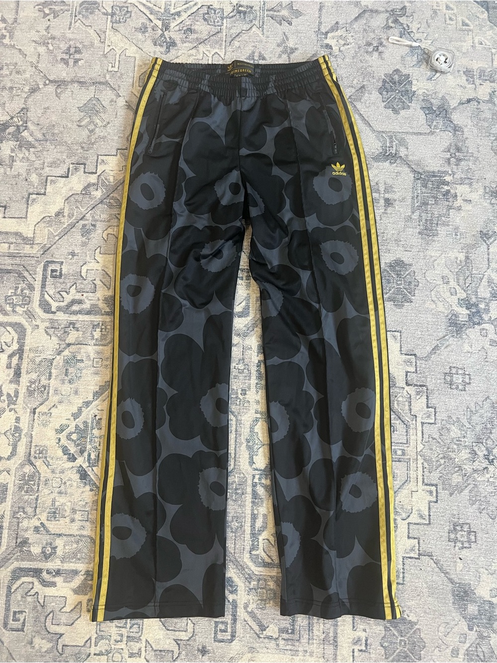 adidas x Marimekko Black Floral Track Pants Gold 3-Stripes Size M